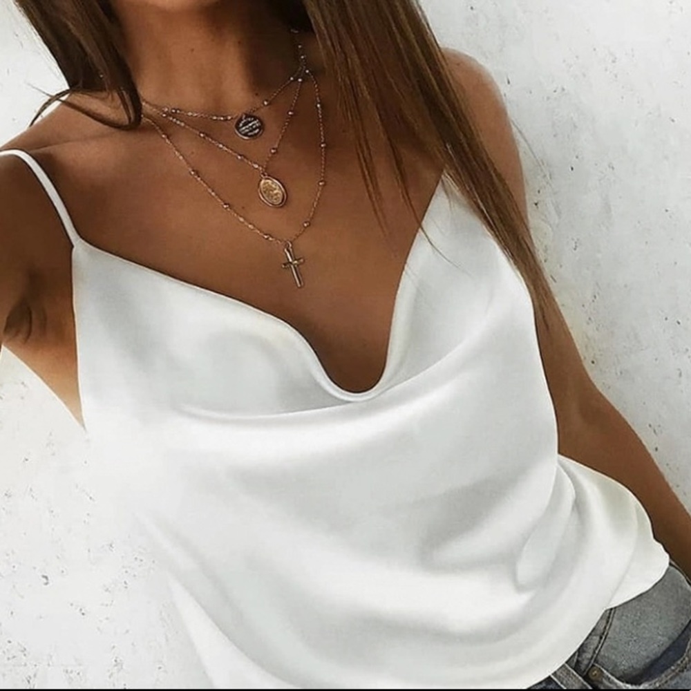 White silky satin basic spaghetti strap cami tank